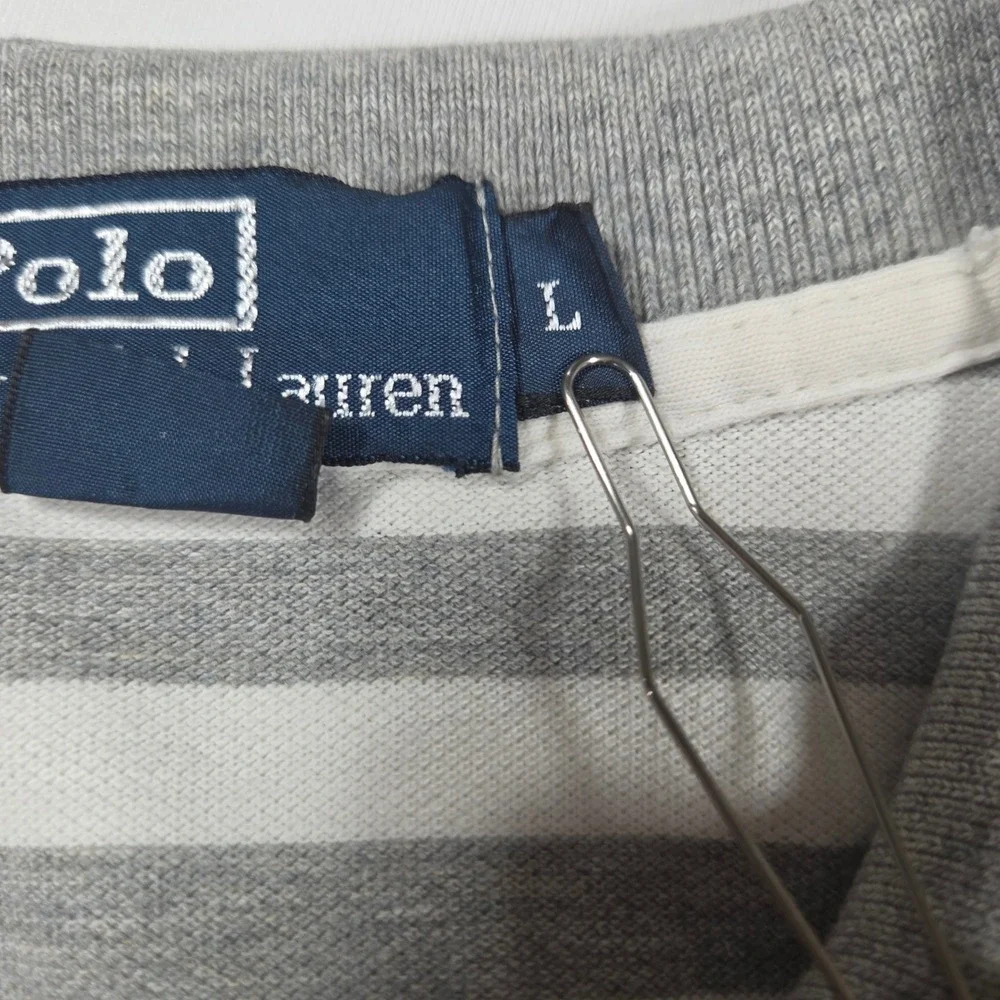 Polo Ralph Lauren Mens Large Grey White Striped Short Sleeve Pique Polo Shirt